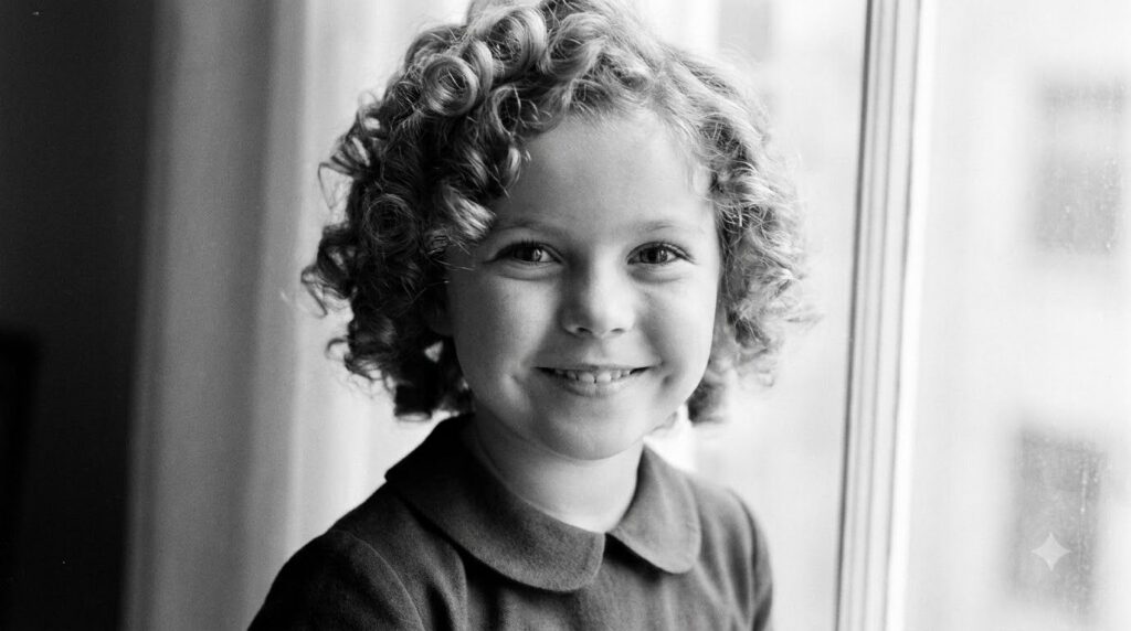 Close-up black and white portrait of young Shirley Temple highlighting her famous ringlet curls