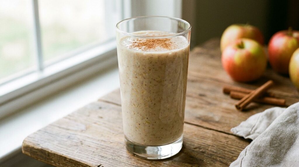 A tall glass of healthy apple cinnamon oat smoothie garnished with a sprinkle of cinnamon