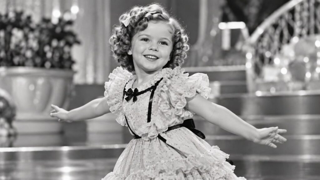 Black and white photo of young Shirley Temple in a famous film role perhaps singing or dancing