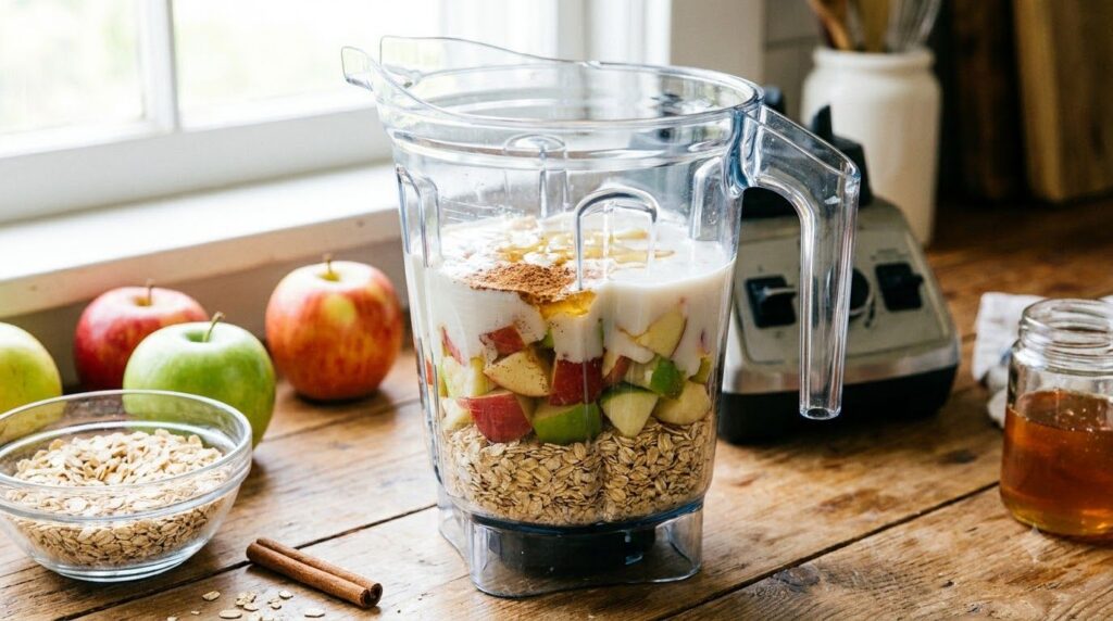All smoothie ingredients in a blender before blending