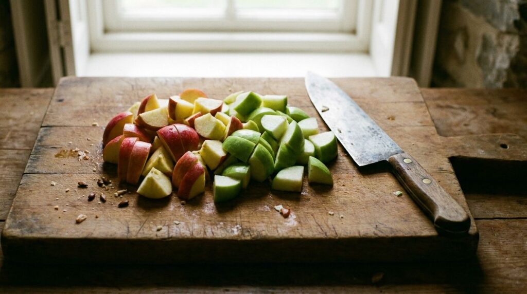 Chopped apple pieces on a cutting board next to a knife