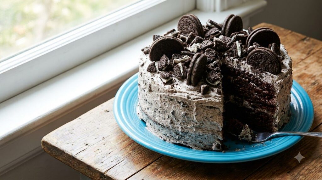 A chocolate layer cake generously frosted with Oreo cream frosting and adorned with whole and crushed Oreo cookies on a 