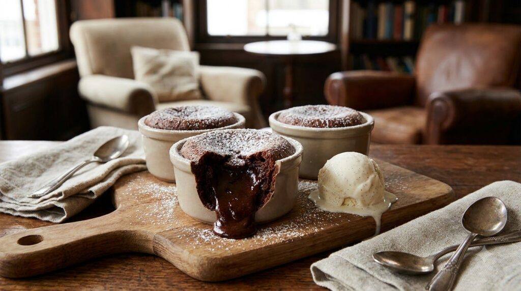 Individual molten lava cakes fresh from the oven with a warm gooey chocolate center oozing out dusted with powdered suga