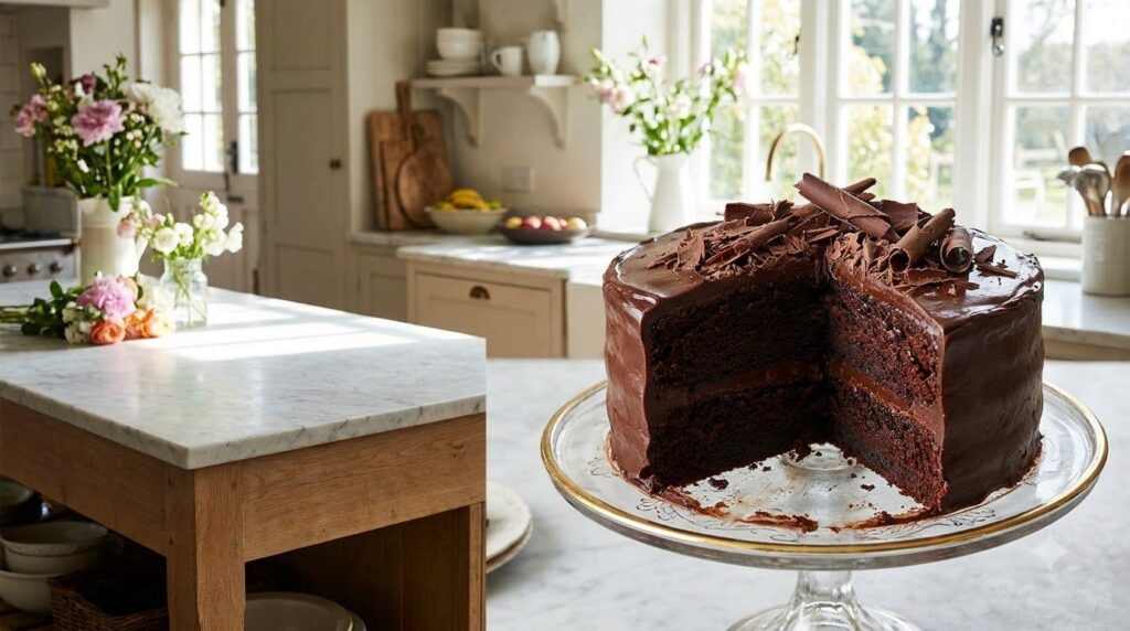 A beautifully frosted dark chocolate layer cake on a stand with a slice cut out revealing moist layers and rich ganache 
