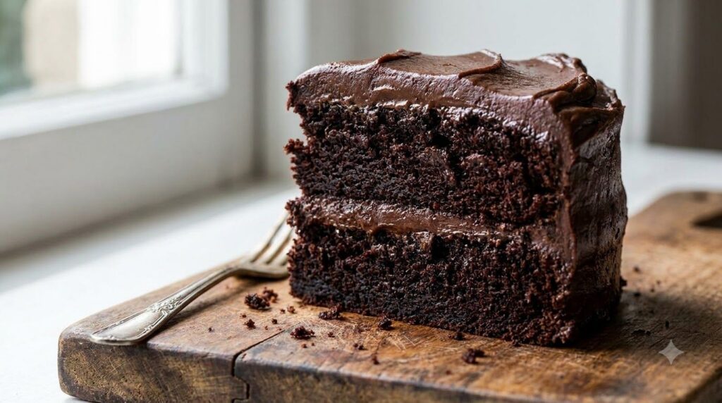 A cross-section of an incredibly dense and rich chocolate fudge cake showing its dark moist crumb and a thick layer of g