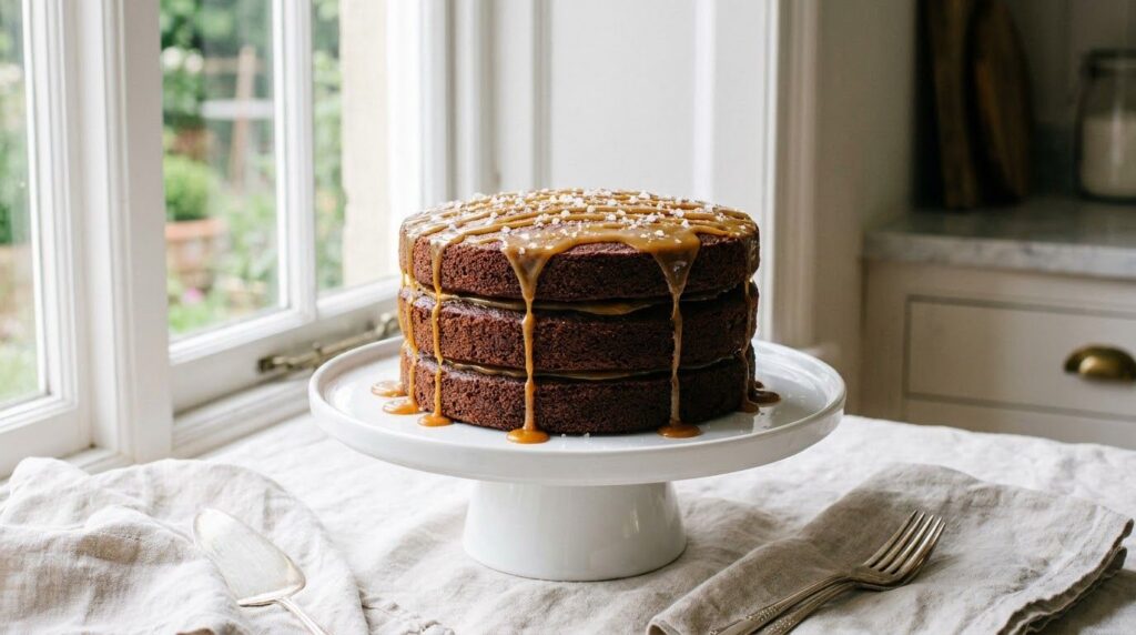 A three-layer chocolate cake drizzled generously with golden salted caramel sauce and sprinkled with flaky sea salt on a