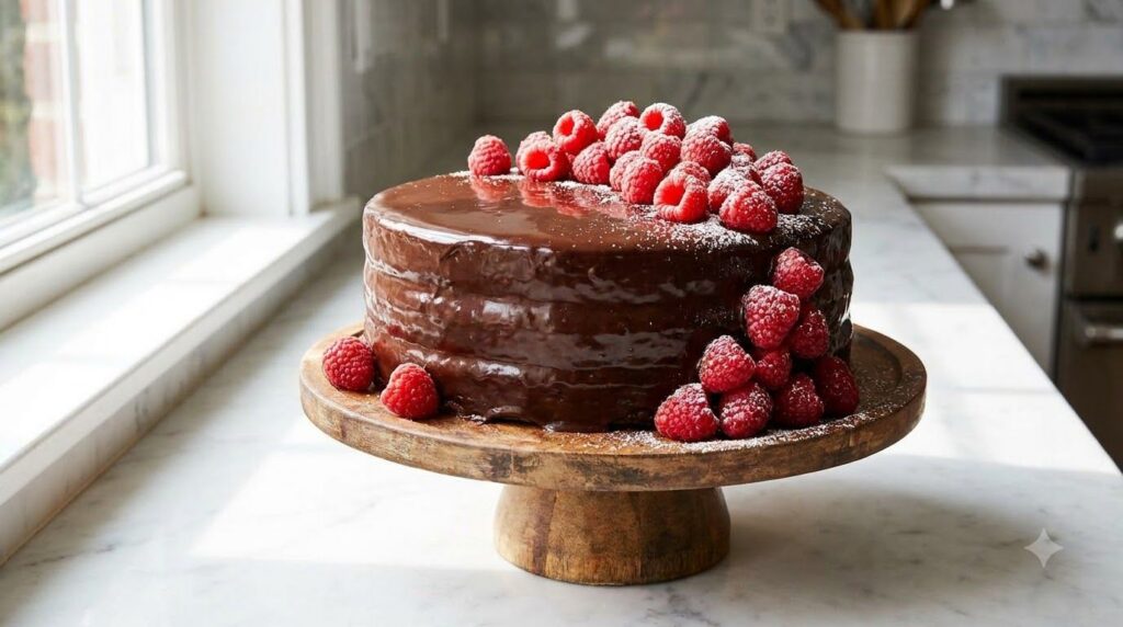 A elegant chocolate layer cake frosted with chocolate ganache adorned with fresh red raspberries and a dusting of powder