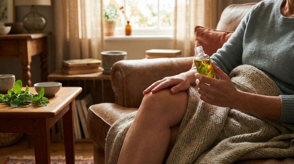 A person gently massaging mint-infused oil into their knee demonstrating topical application for joint relief