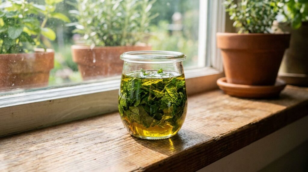 A small glass jar filled with green mint leaves submerged in golden carrier oil sitting in a sunny window for infusion