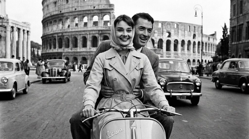 Audrey Hepburn on a Vespa in Roman Holiday with Gregory Peck