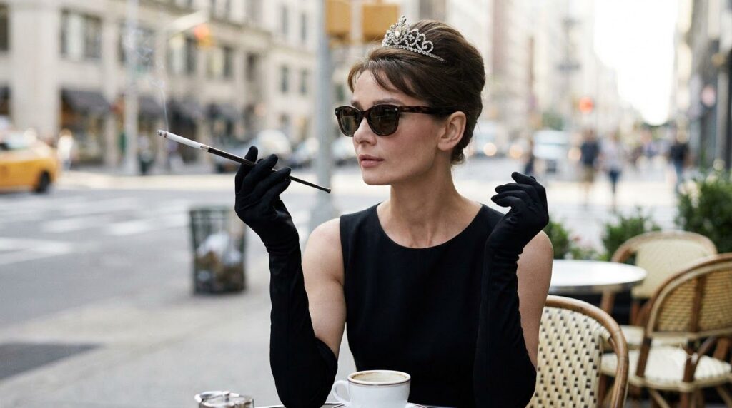 Audrey Hepburn in her iconic black dress and tiara from Breakfast at Tiffany s