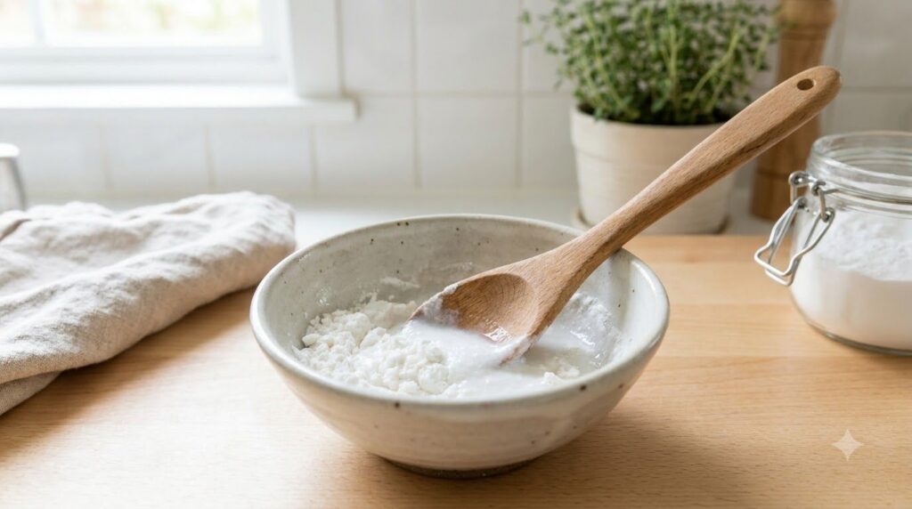 Close-up of a small non-metallic bowl with baking soda and water being mixed into a paste with a spoon
