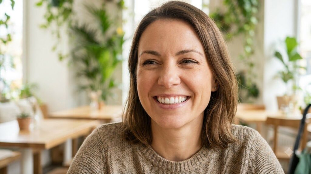 A woman smiling brightly showing her clean and bright teeth in a natural happy expression