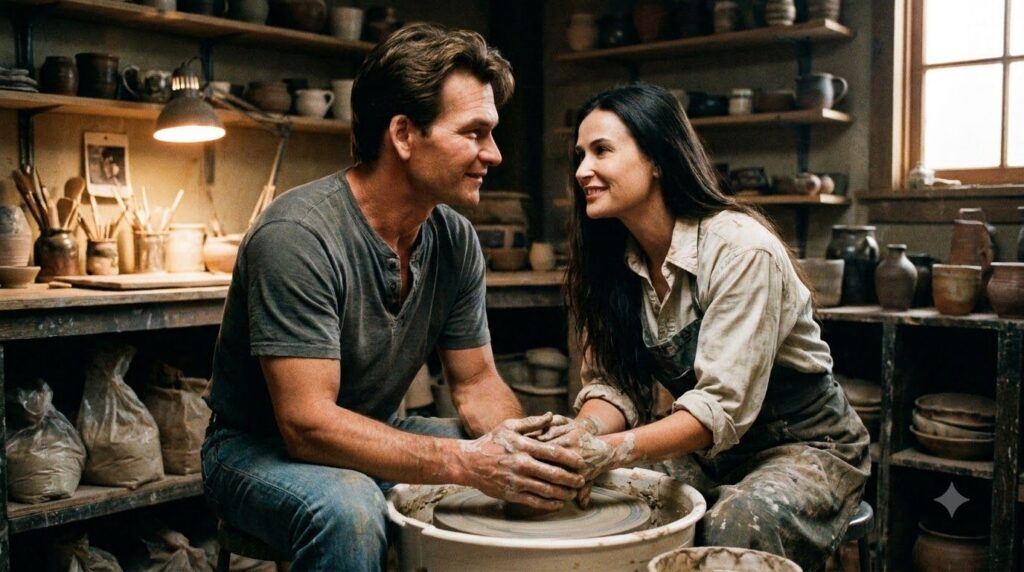 Patrick Swayze and Demi Moore in the iconic pottery scene from the movie Ghost with soft romantic lighting