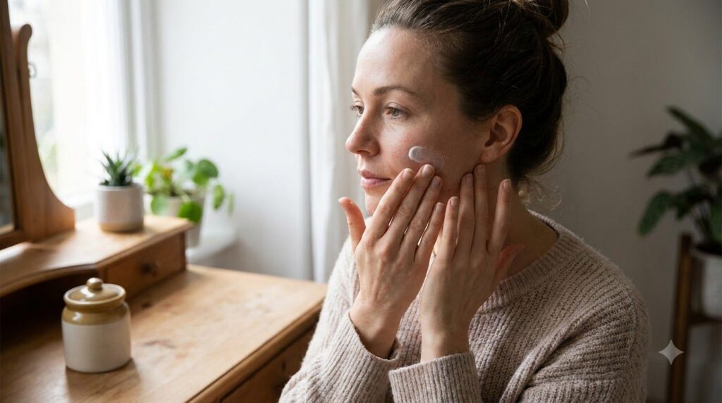 A woman gently massaging a small amount of cream onto her face and neck in an indoor setting with soft natural lighting