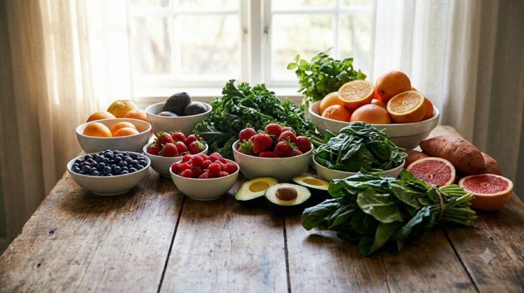A vibrant colorful array of skin-healthy fruits and vegetables like berries leafy greens and avocados on a wooden table