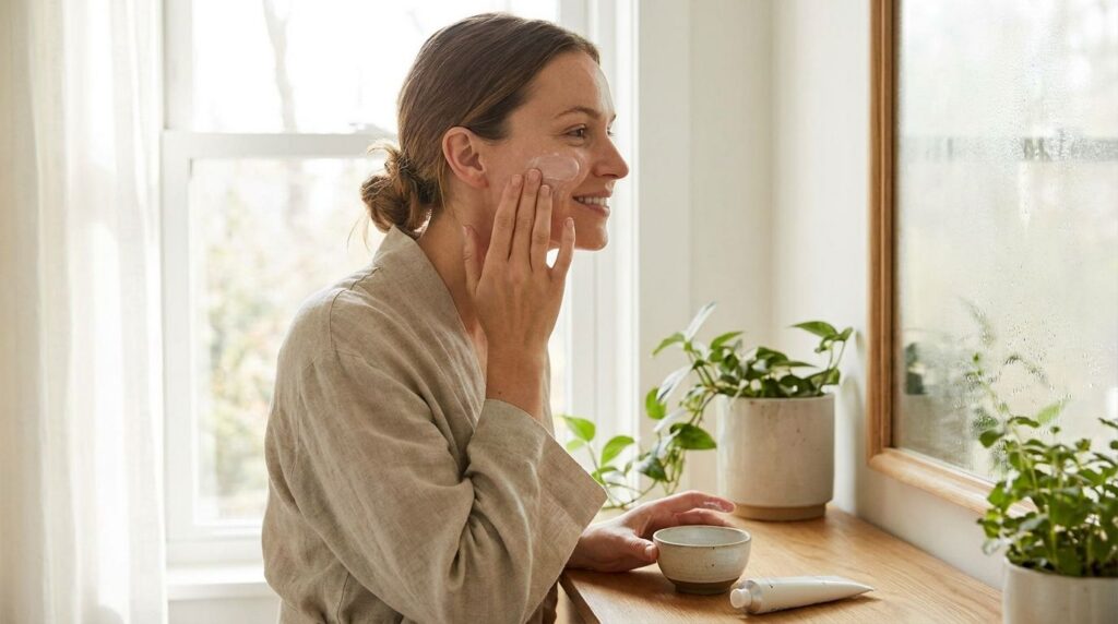 A woman gently applying a homemade face mask to her cheek demonstrating the safe application of the petroleum jelly and 