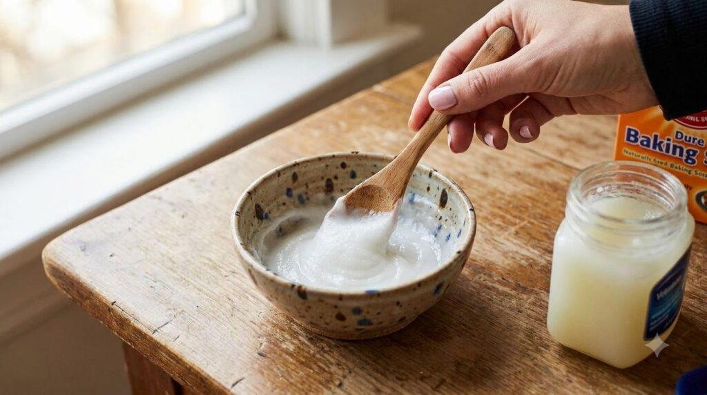A feminine hand mixing petroleum jelly and baking soda in a small ceramic bowl to create a smooth paste for a DIY face m