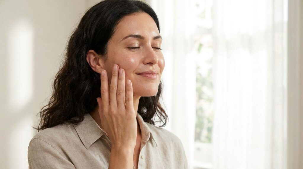 A woman gently touching her smooth radiant cheek smiling slightly conveying a sense of healthy well-cared-for skin Natur
