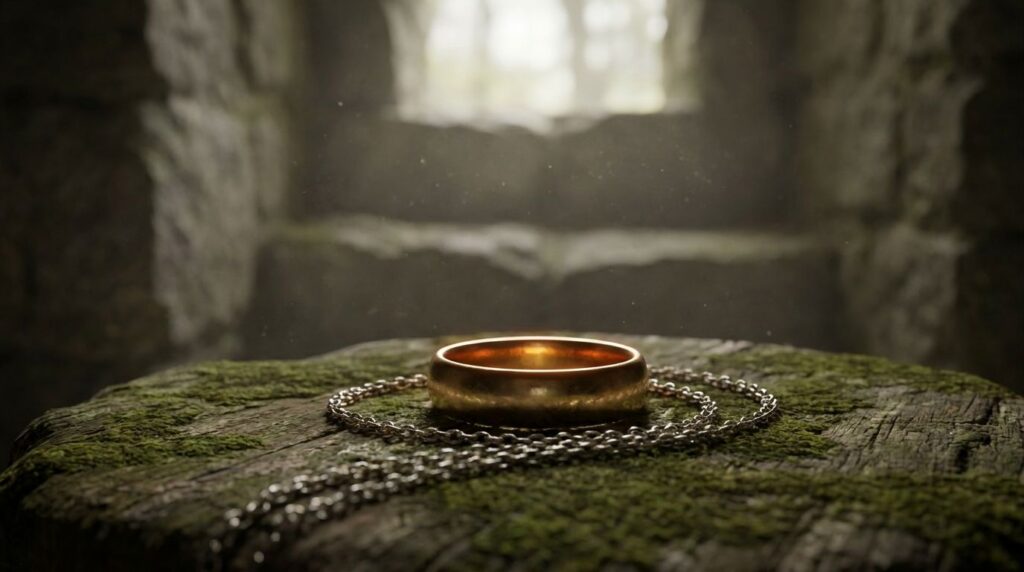 A close-up shot of the One Ring glowing faintly resting on a chain