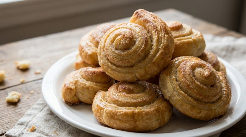 Golden brown Spanish bread rolls characterized by their unique spiral shape and a hint of butter and sugar topping They 