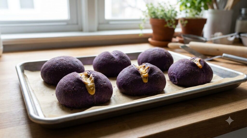 Vibrantly purple Ube Cheese Pandesal rolls some with a visible cheese filling arranged neatly on a baking tray or coolin