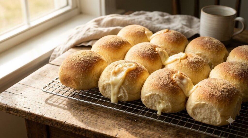 Soft fluffy Pandesal Cheese Rolls with melted cheese peeking out arranged on a cooling rack The rolls are golden brown a