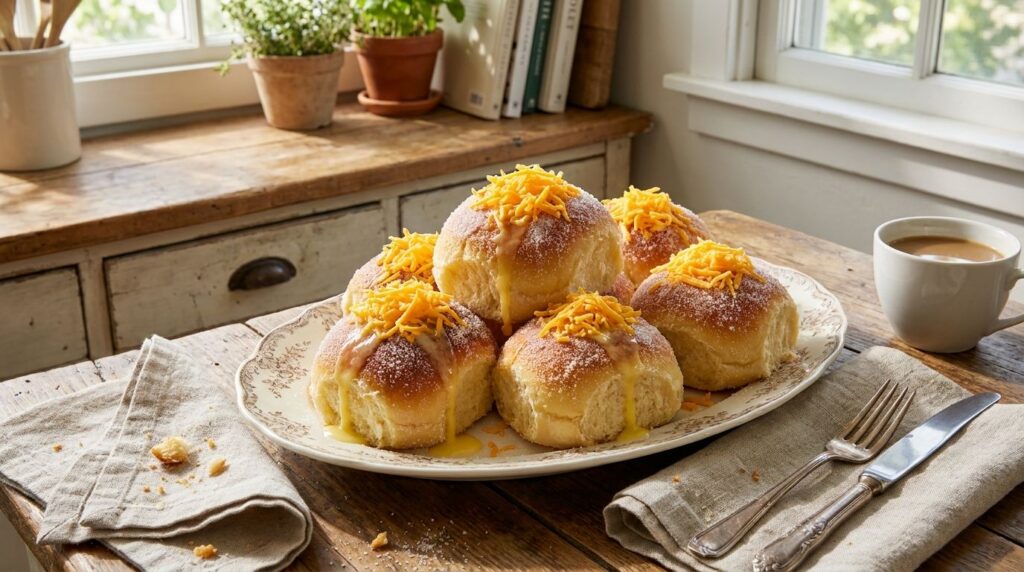 Fluffy golden Ensaymada rolls generously topped with butter sugar and grated cheese arranged on a serving plate The brio