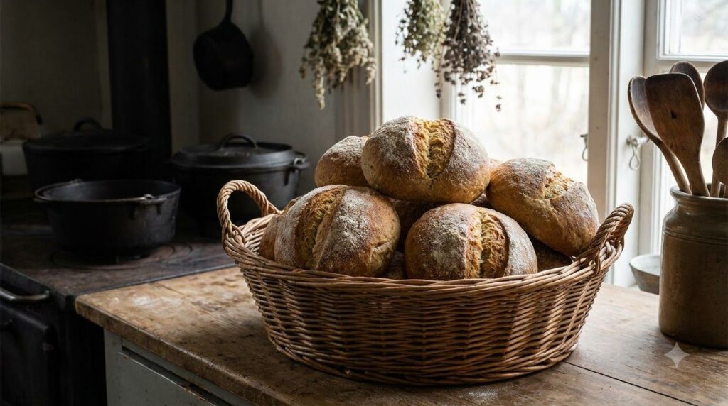 A basket of freshly baked Monay bread rolls characterized by their dense texture and a distinct split down the middle Th