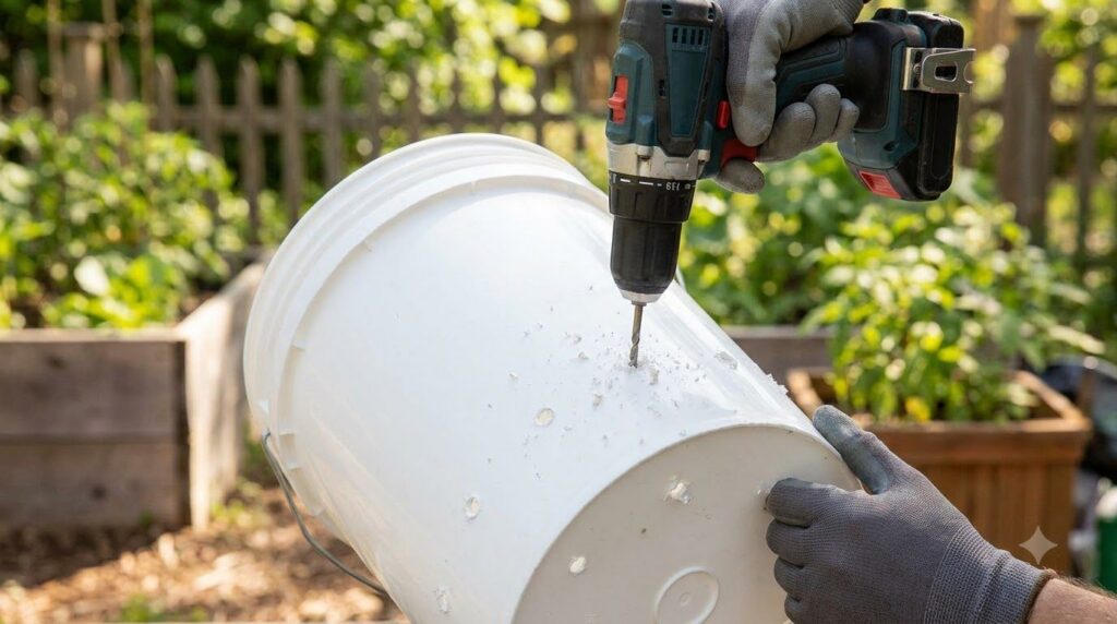 A person drilling holes into the sides and bottom of a plastic 5-gallon bucket