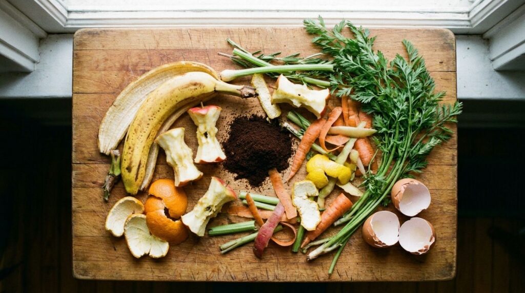 A close-up of various kitchen scraps suitable for composting including fruit peels vegetable ends and coffee grounds nea