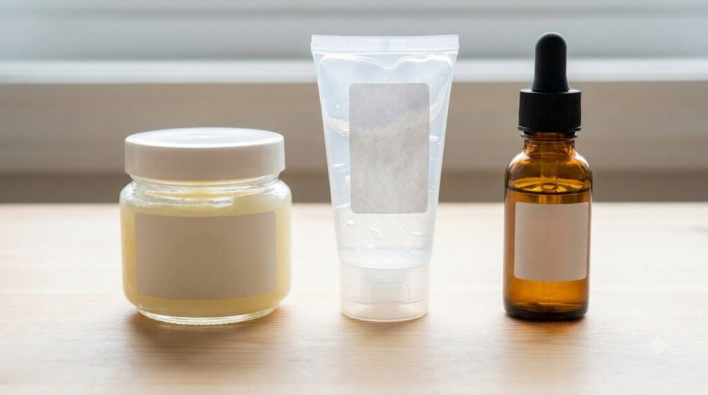 Close-up of the three main ingredients Vaseline jar a bottle of aloe vera gel and a small bottle of sweet almond oil arr