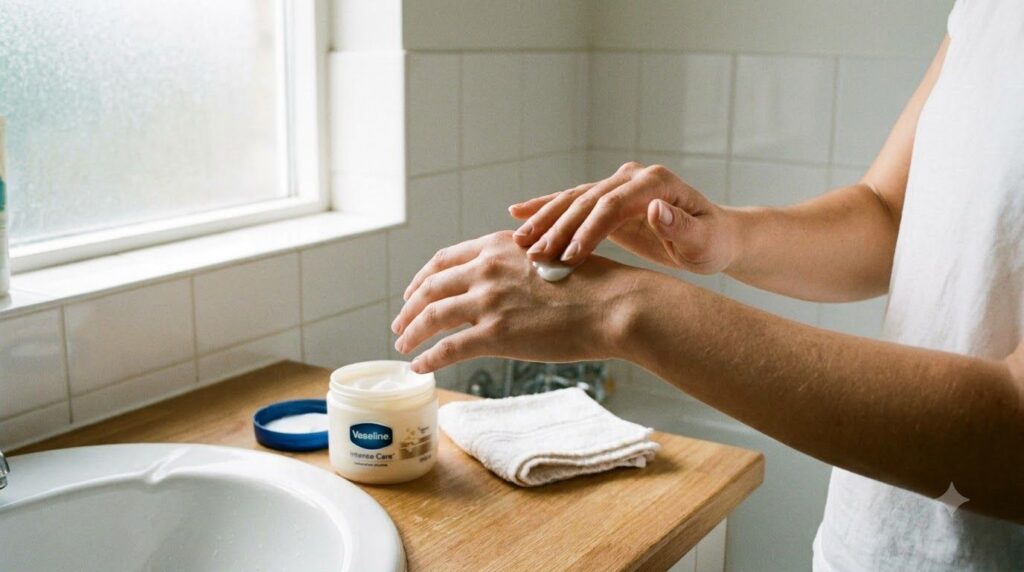 A person gently massaging a small amount of the Vaseline and natural ingredient blend onto their clean face or hand demo