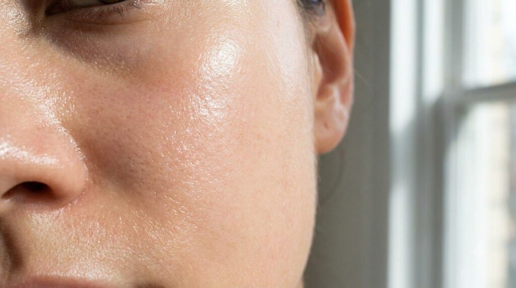A close-up of healthy hydrated skin glowing softly showing a smooth texture and a dewy appearance possibly on a cheek or