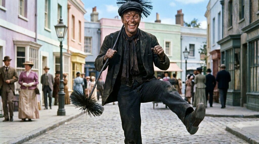 Dick Van Dyke in character as Bert the chimney sweep from Mary Poppins dancing with a cheerful expression