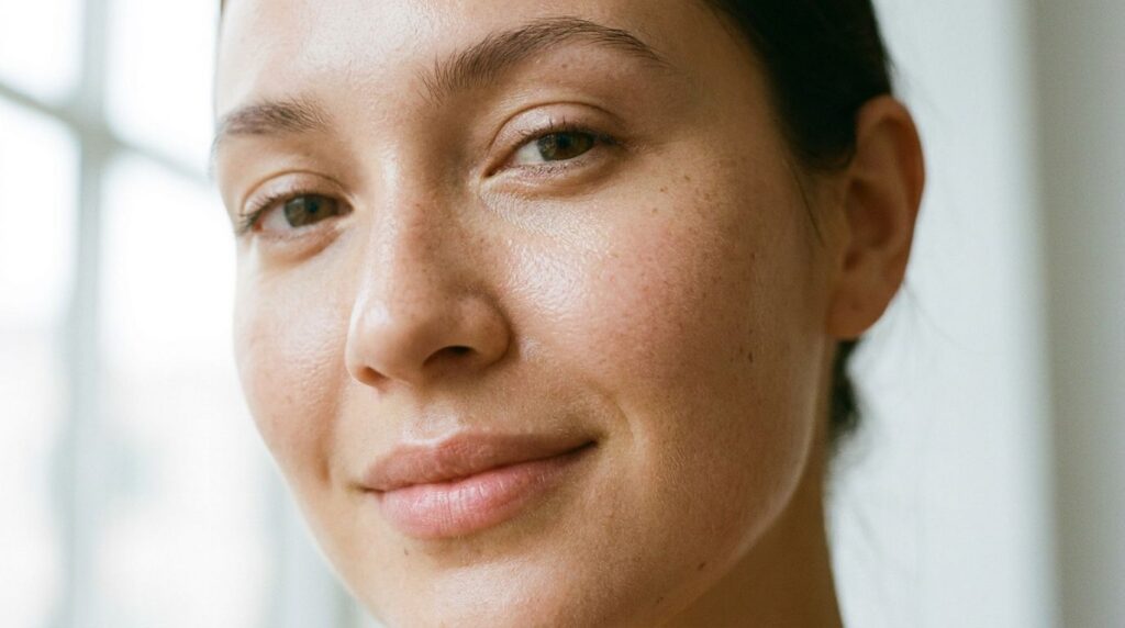 A close-up of a woman s face with radiant smooth skin showing a healthy and youthful glow after using a beauty product w