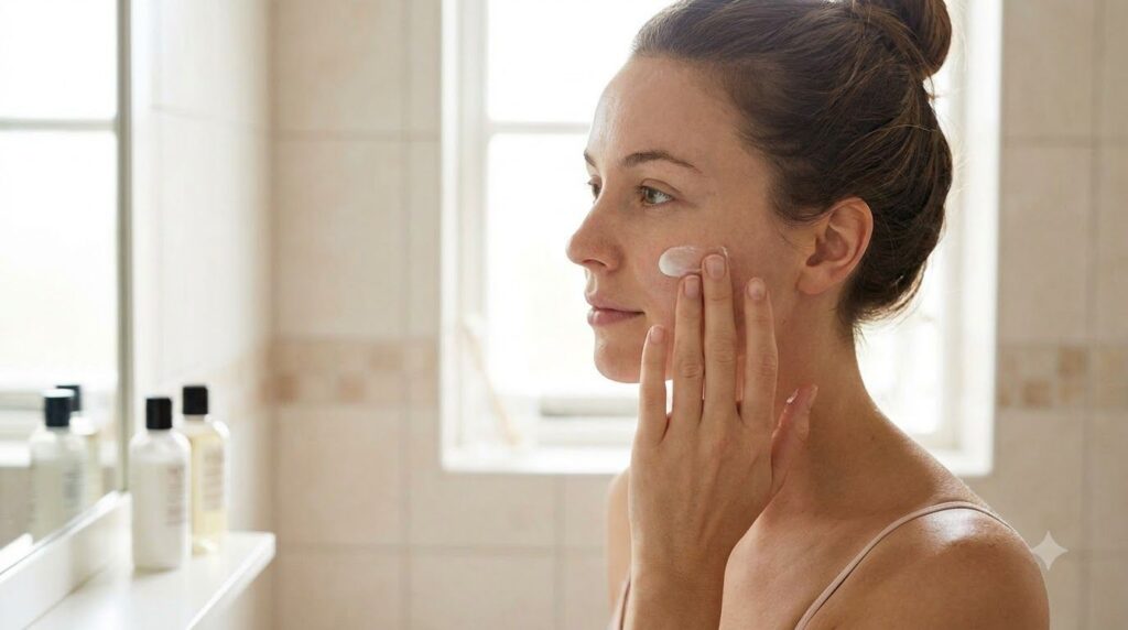 A woman gently applying homemade rice cream to her face massaging it in circular motions with a serene expression in a b