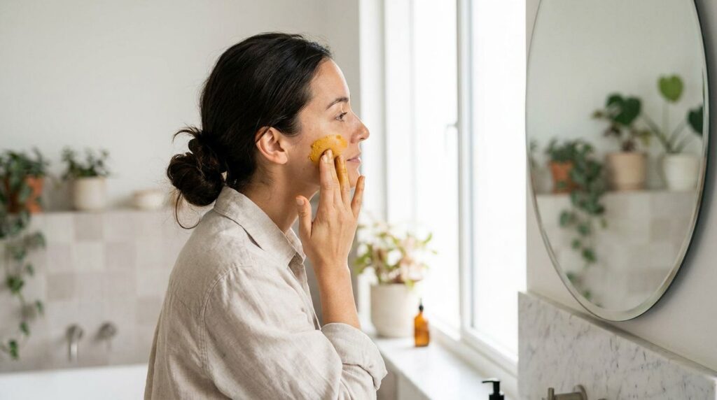 A woman gently applying a yellow turmeric face mask to her clean face with her fingertips in a brightly lit bathroom