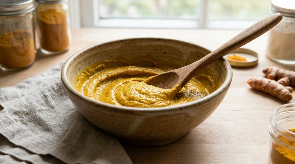 A close-up of a small bowl containing a yellow turmeric lemon and honey paste with a mixing spoon