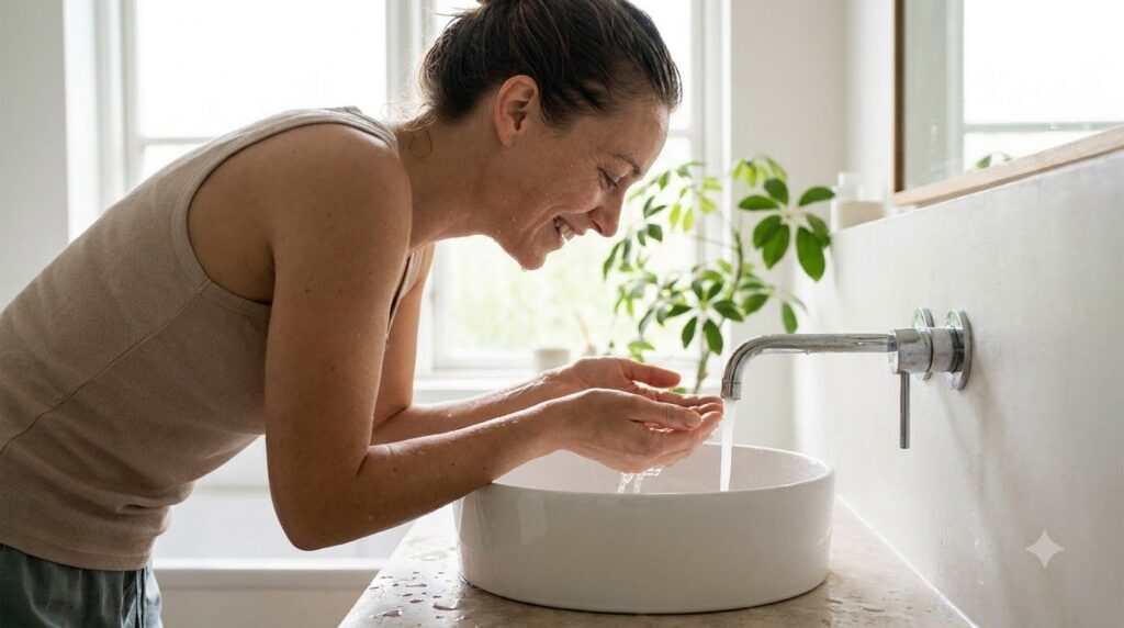A woman rinsing her face gently under lukewarm water smiling slightly after using a face mask Her skin looks fresh and c