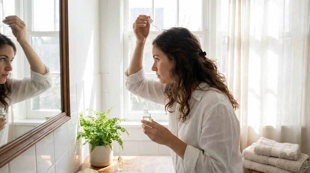 A woman gently massaging an onion hair rinse into her scalp
