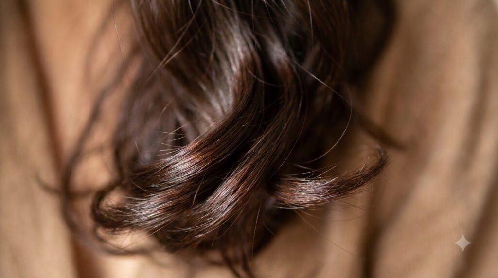 Hair that looks visibly thicker and shinier after a hair treatment routine
