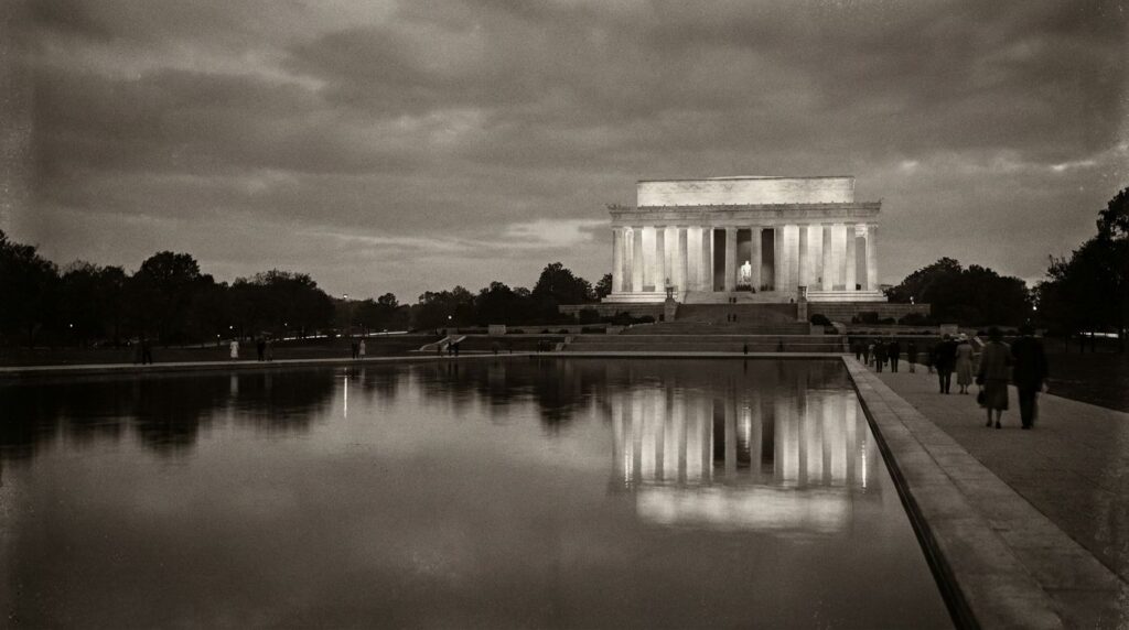 A historical photograph of the Lincoln Memorial in Washington D C