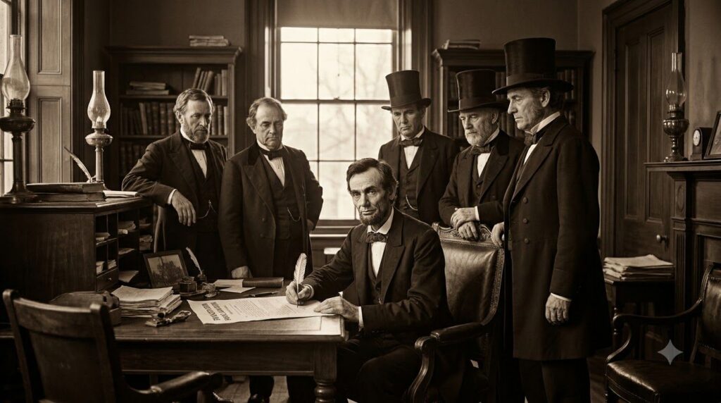 A real historical illustration or depiction of Abraham Lincoln signing the Emancipation Proclamation
