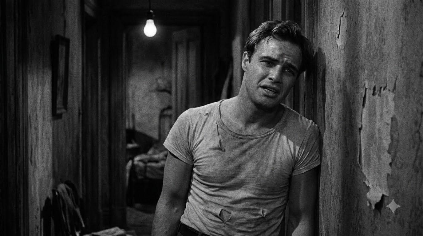 A black and white still of Marlon Brando as Stanley Kowalski intense and brooding