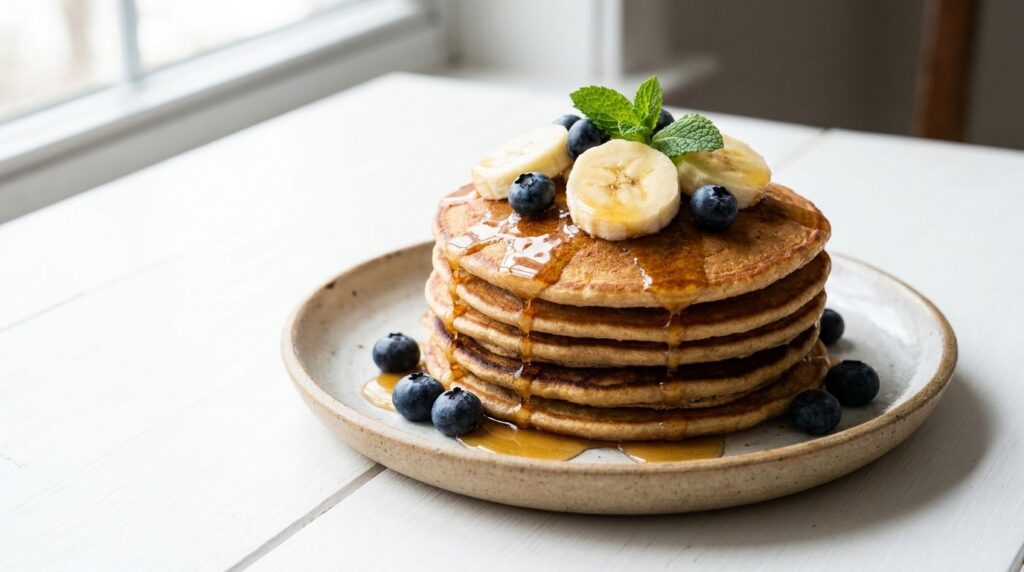 A stack of golden brown vegan banana pancakes topped with extra banana slices fresh blueberries and a generous pour of m