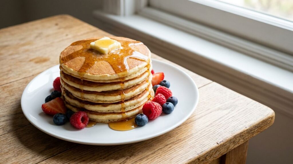 A stack of golden brown classic buttermilk pancakes drizzled with maple syrup and topped with a pat of melting butter Se