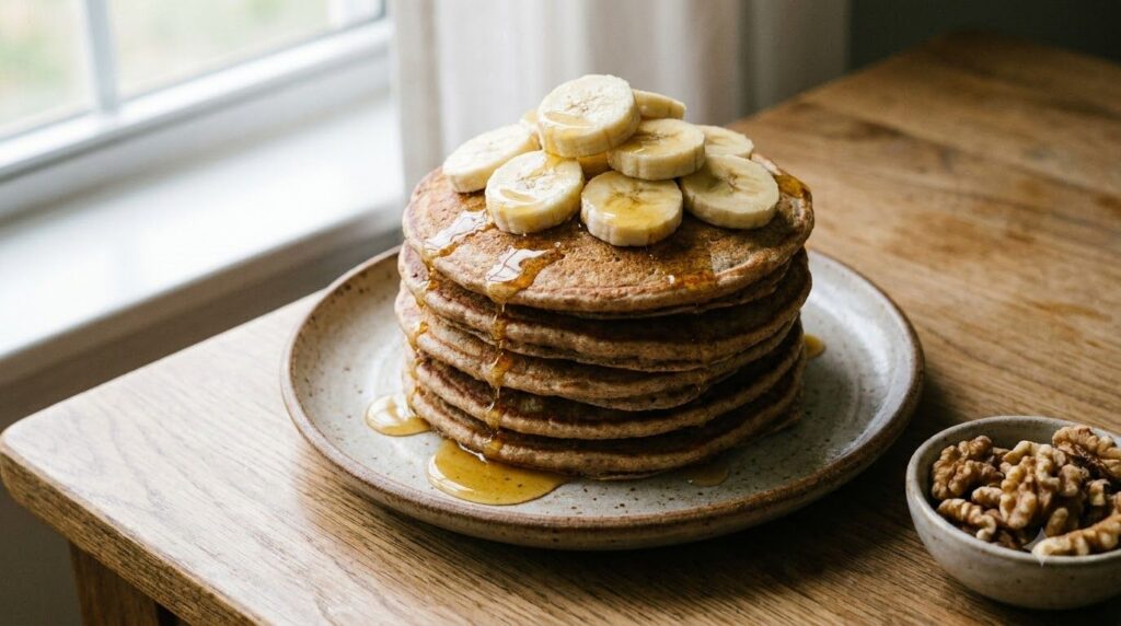 A stack of fluffy whole wheat pancakes topped with sliced bananas and a light drizzle of honey Served on a rustic plate 