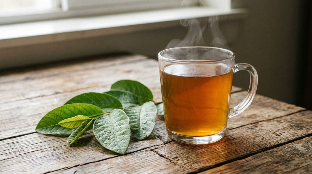 A clear glass mug filled with amber-colored guava leaf tea with a few fresh guava leaves next to it on a wooden table