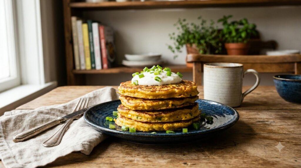 A stack of golden savory corn pancakes garnished with chopped green onions and a dollop of sour cream or avocado crema S